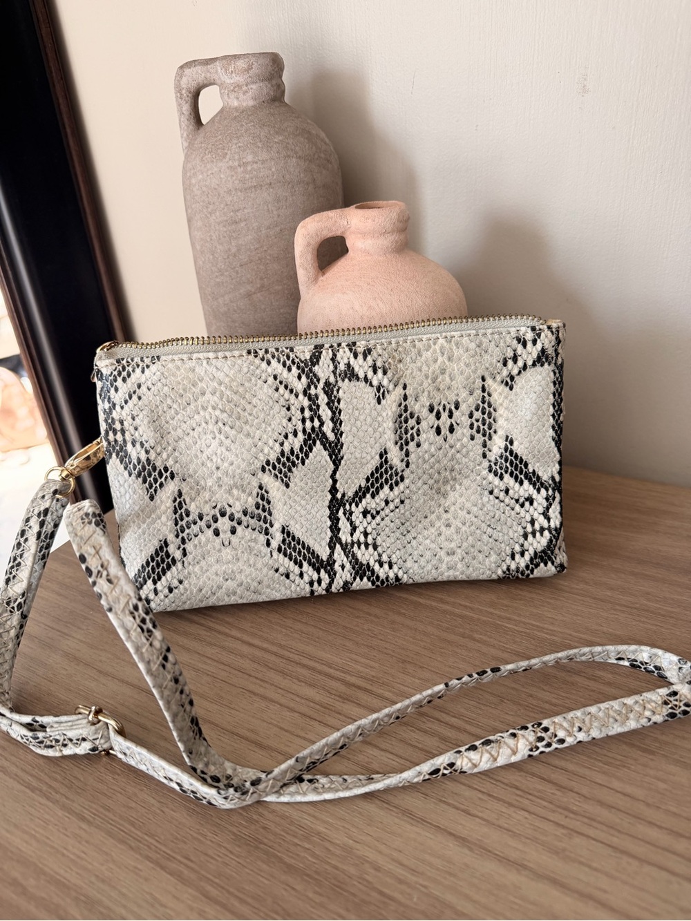 Snake-Print Wristlet Clutch in White and Black